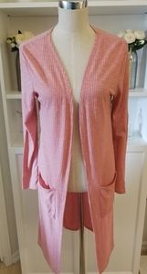 Large ribbed lightweight pink long cardigan with pockets